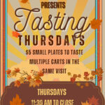 A banner for Tasting Thursdays at Oak Tree Station where you can enjoy $5 dollar plates to taste multiple carts in the same visit